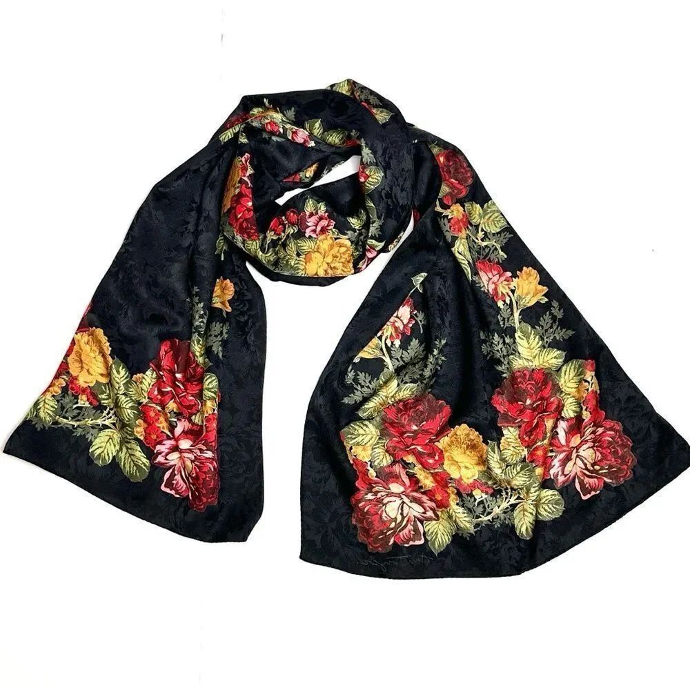 Ann Taylor Silk Oblong Scarf Large Black Jacquard Floral Print 18x70" Excellent